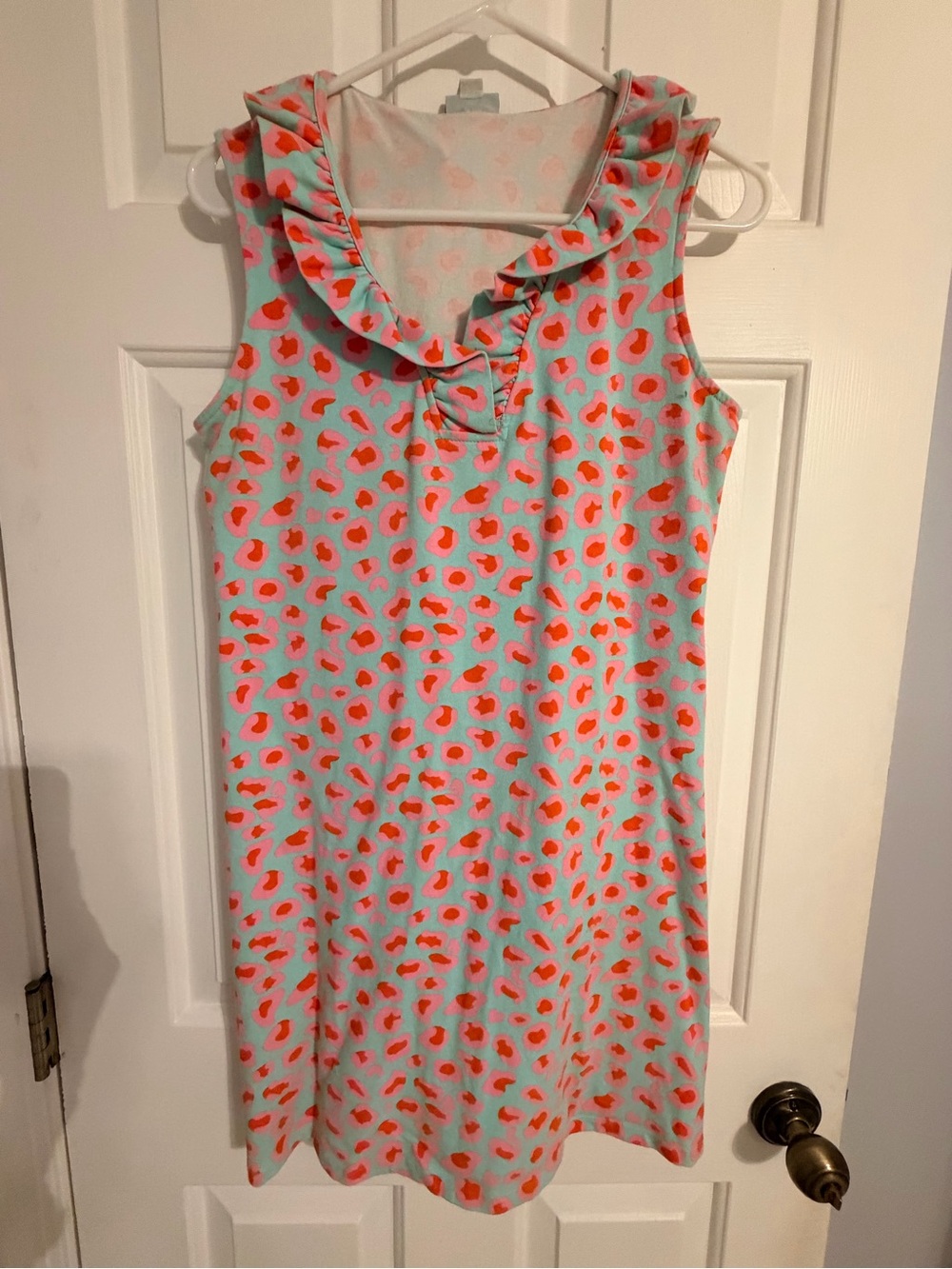 Ruffle-Collar Mini Dress in Mint with Coral Print